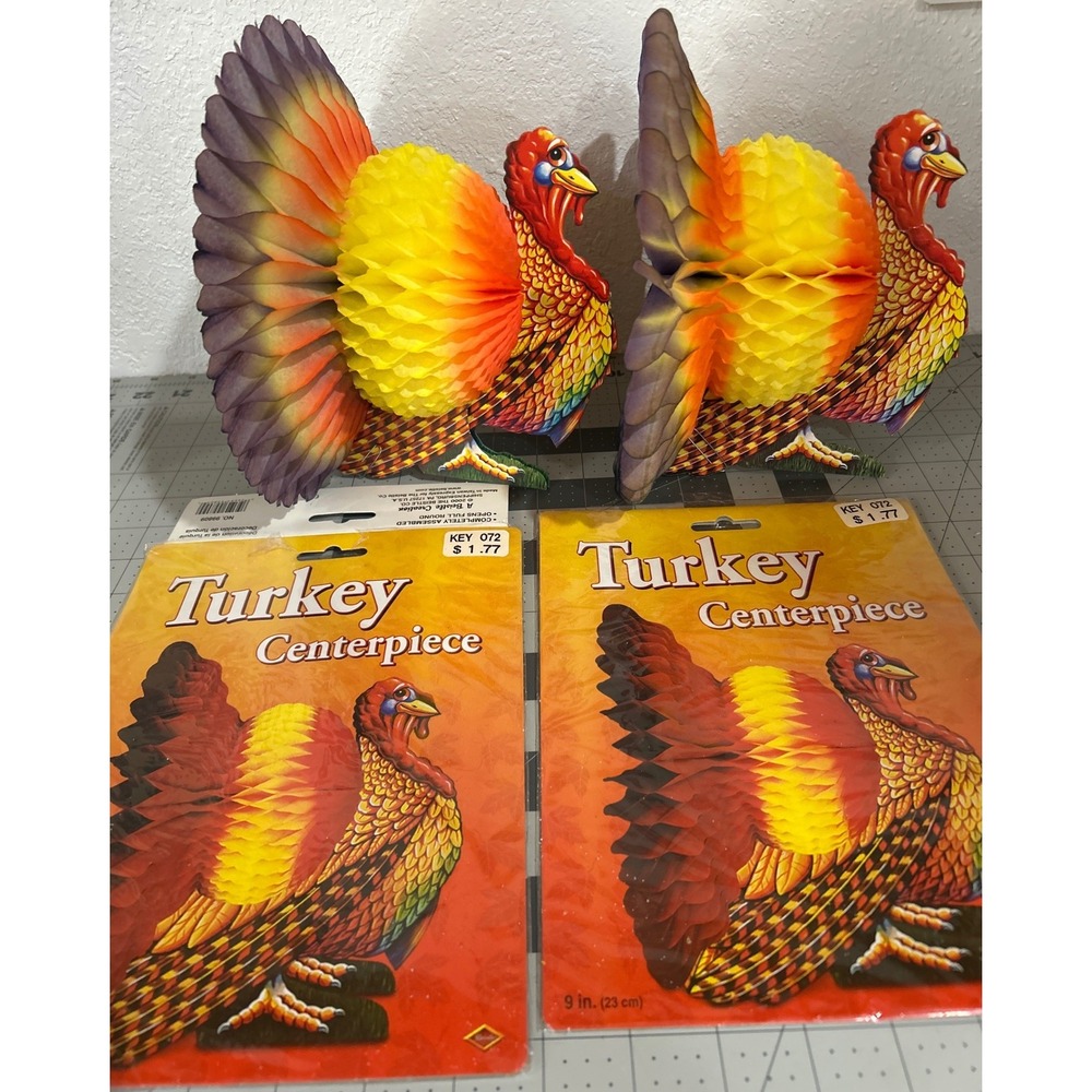 Vintage Beistle Thanksgiving Honeycomb Turkey Centerpiece 9in Lot of 2 99809